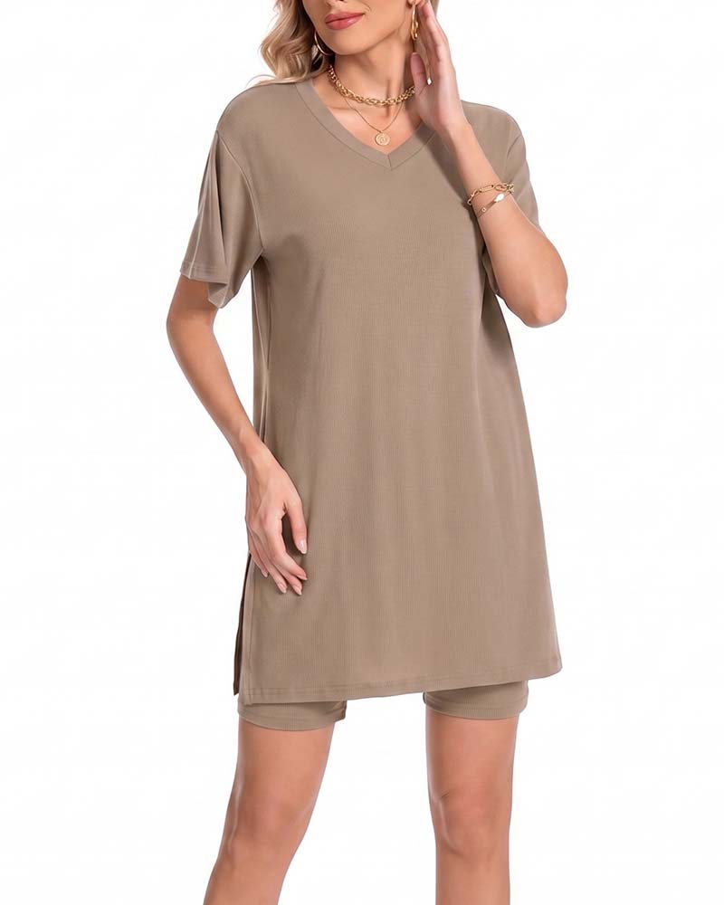 V-Neck Side Split Short Sleeve Set