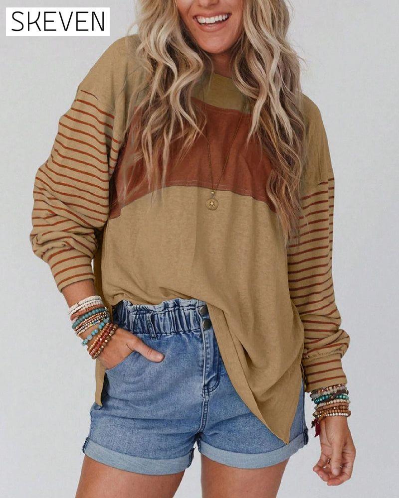 Casual striped contrast color crew neck top