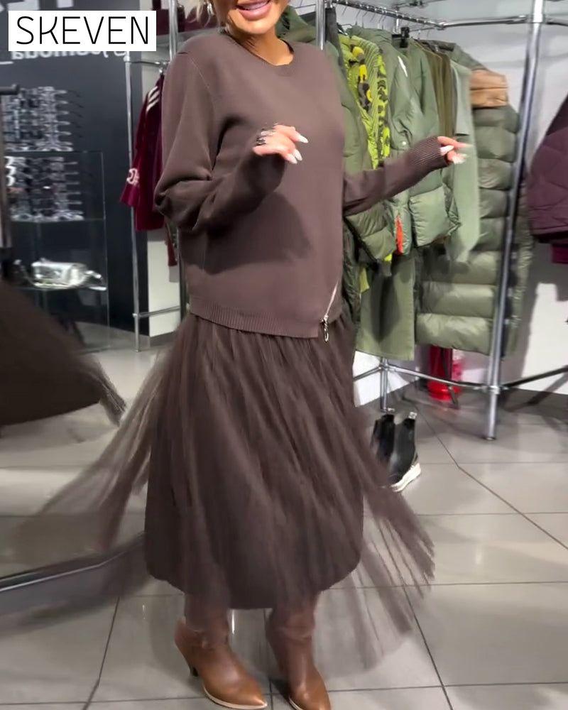 Set aus stylischem Pullover mit Reißverschluss und Rundhalsausschnitt