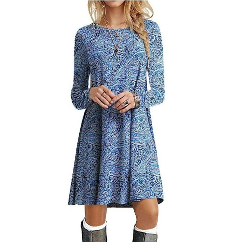 Casual Floral Print Round Neck Long Sleeve Holiday Dress