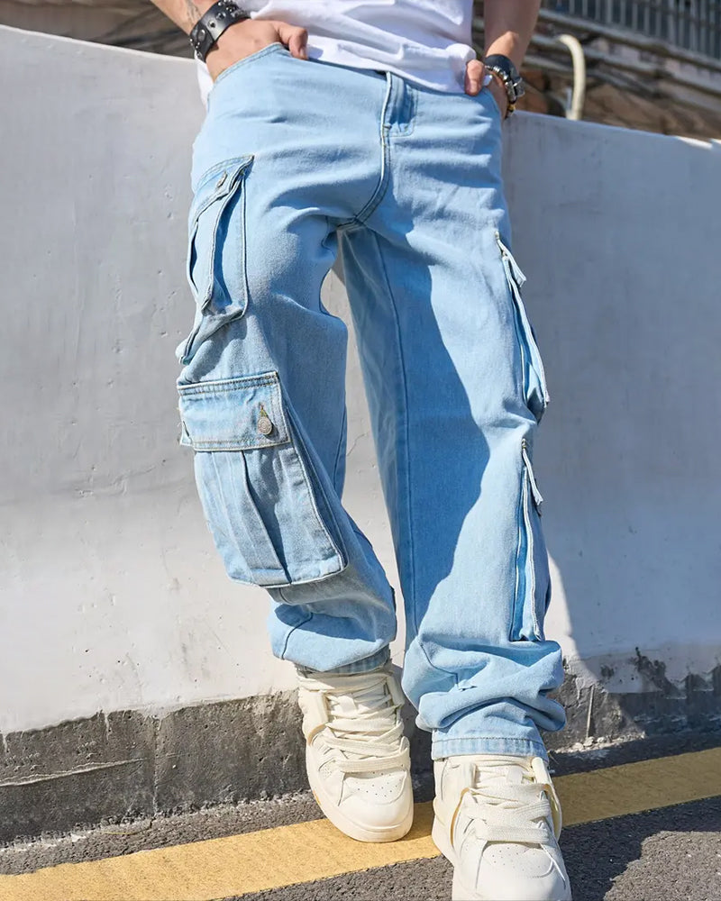 Men's Loose Solid Flap Pocket Cargo Denim Jeans