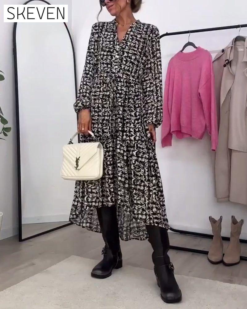 Lässiges bedrucktes A-Linien-Kleid mit langen Ärmeln