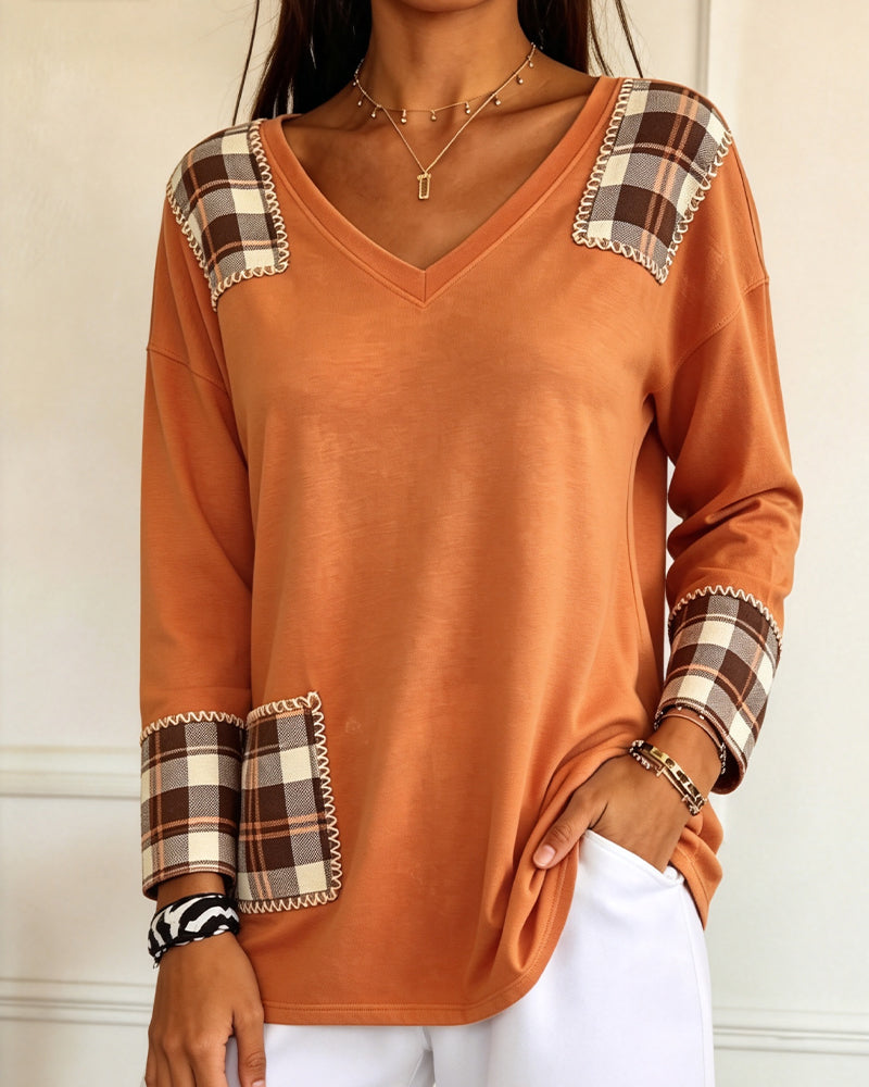 Plaid Patchwork V-Neck Casual Top