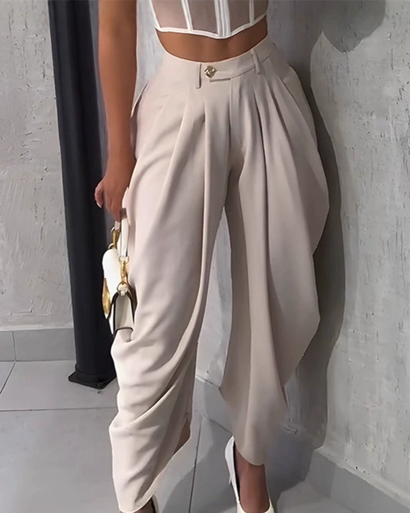 Casual Solid Paperbag Pocket Cropped Pant