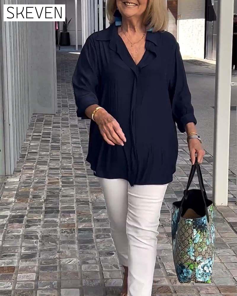 Lapel solid color loose blouse