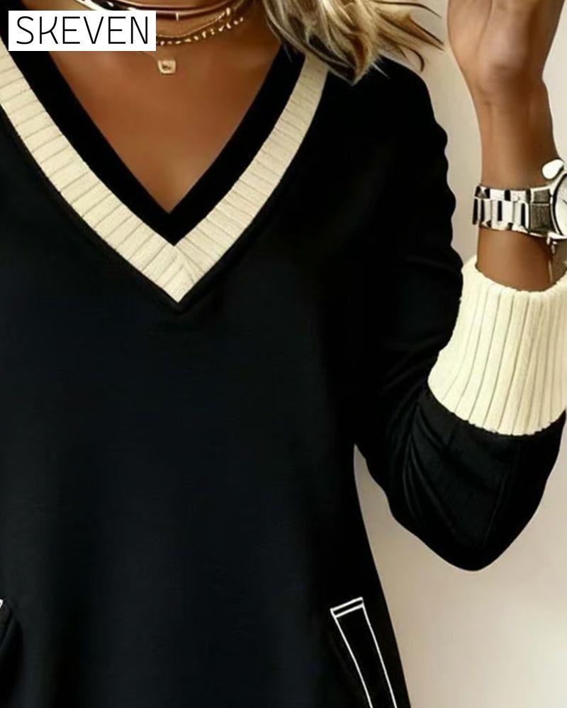 Long-Sleeved V-Neck Contrast Knit Dress