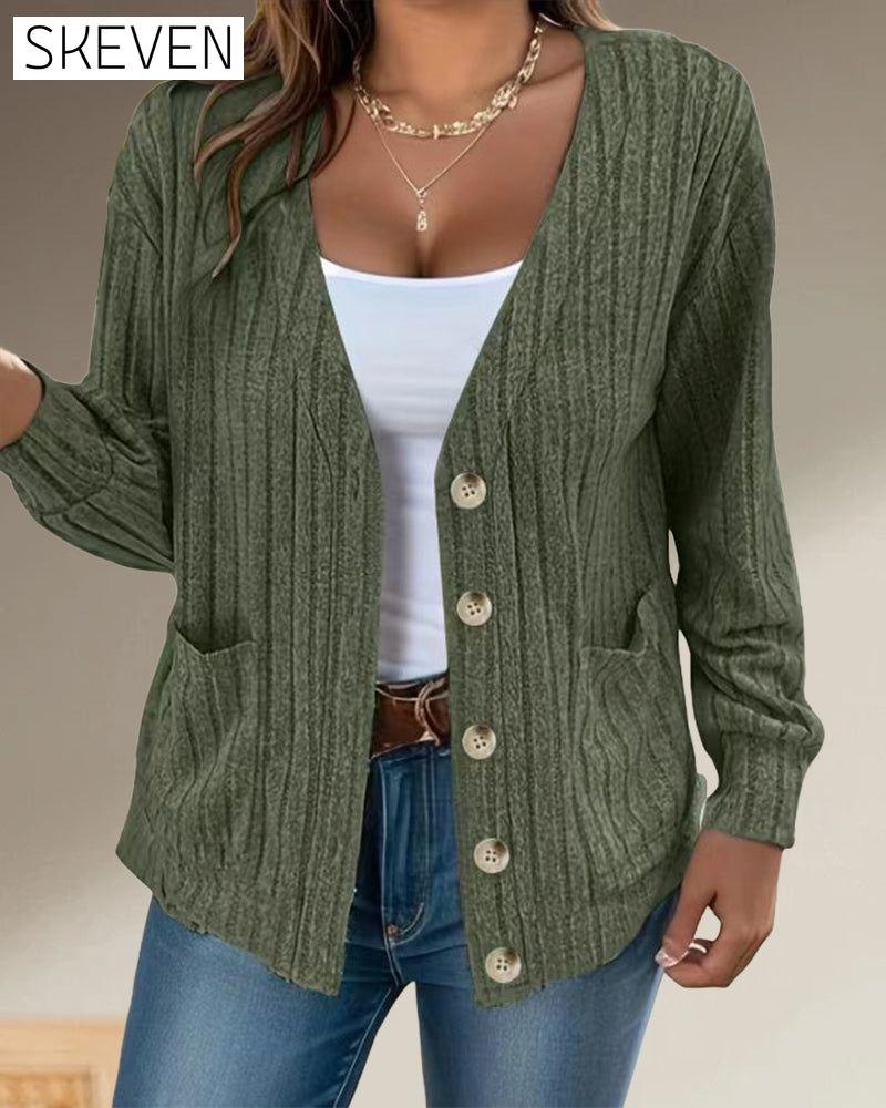 Solid color V-neck long-sleeved coat