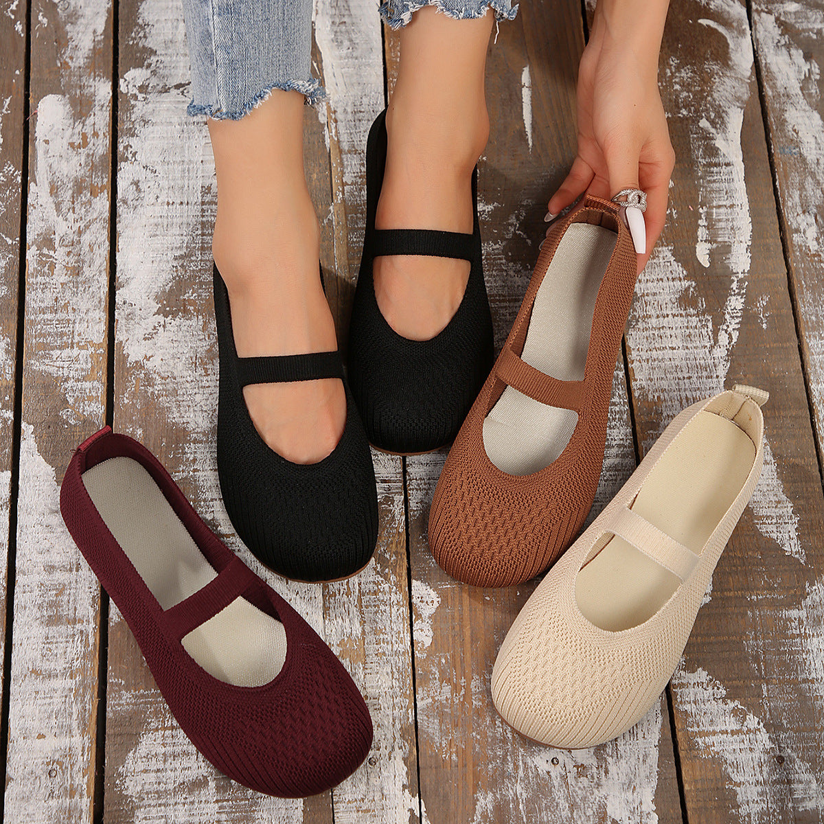 Women's Flat Bottom Pumps Round Toe Shallow Mouth Low-top Slip-on Flyknit