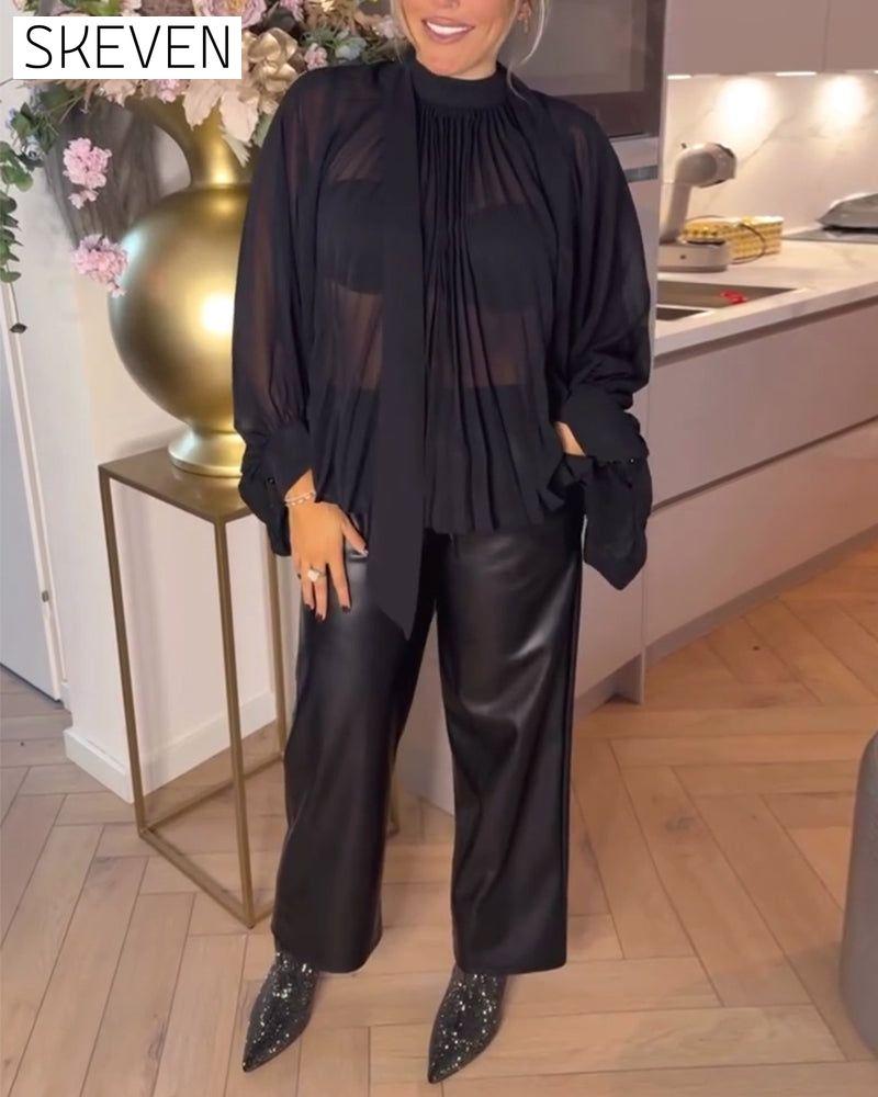 Solid Color Batwing Sleeve Ribbon Blouse