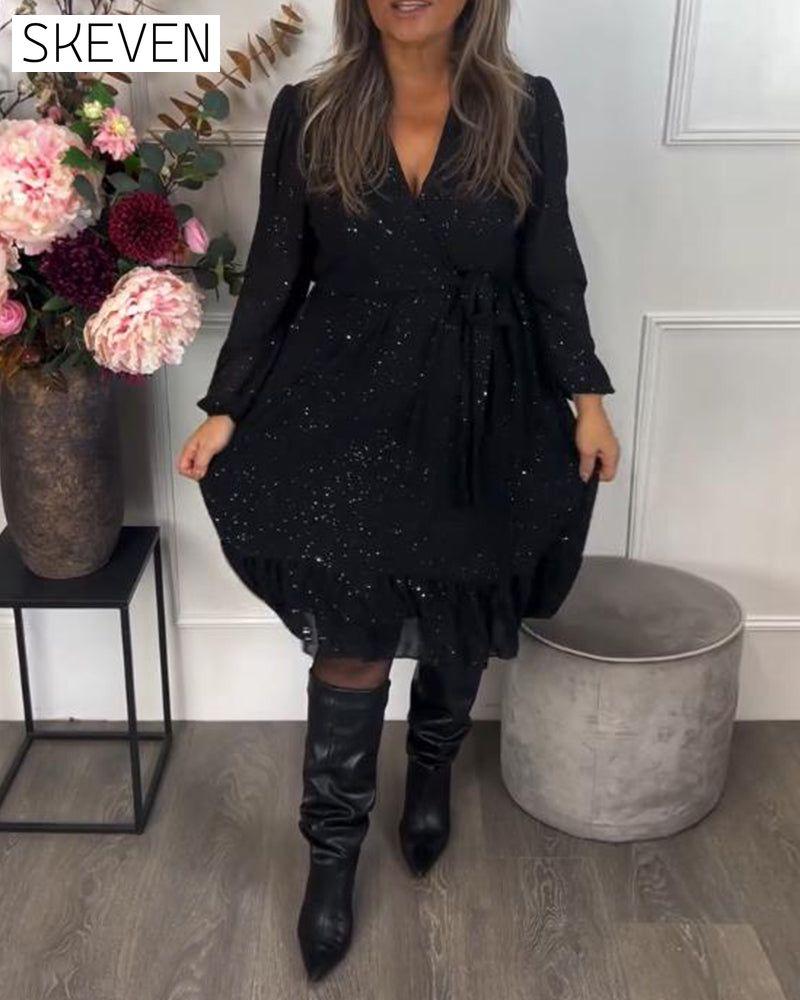 Robe scintillante à col en V et taille nouée