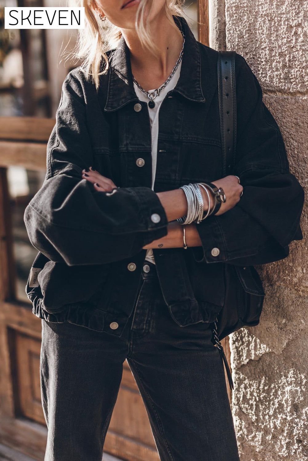Black Metal Buttons Flap Pocket Drop Shoulder Denim Jacket All In Stock clothes EDM Monthly Recomend Fabric Denim Jackets & Coats Occasion Daily Print Solid Color Season Winter Style Casual