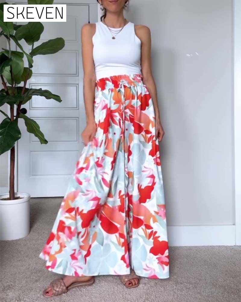 Leaf print drawstring long wide-leg pants pants spring summer