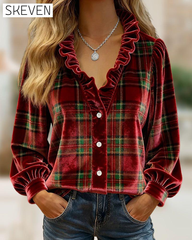 Ruffled V-Neck Velvet Top