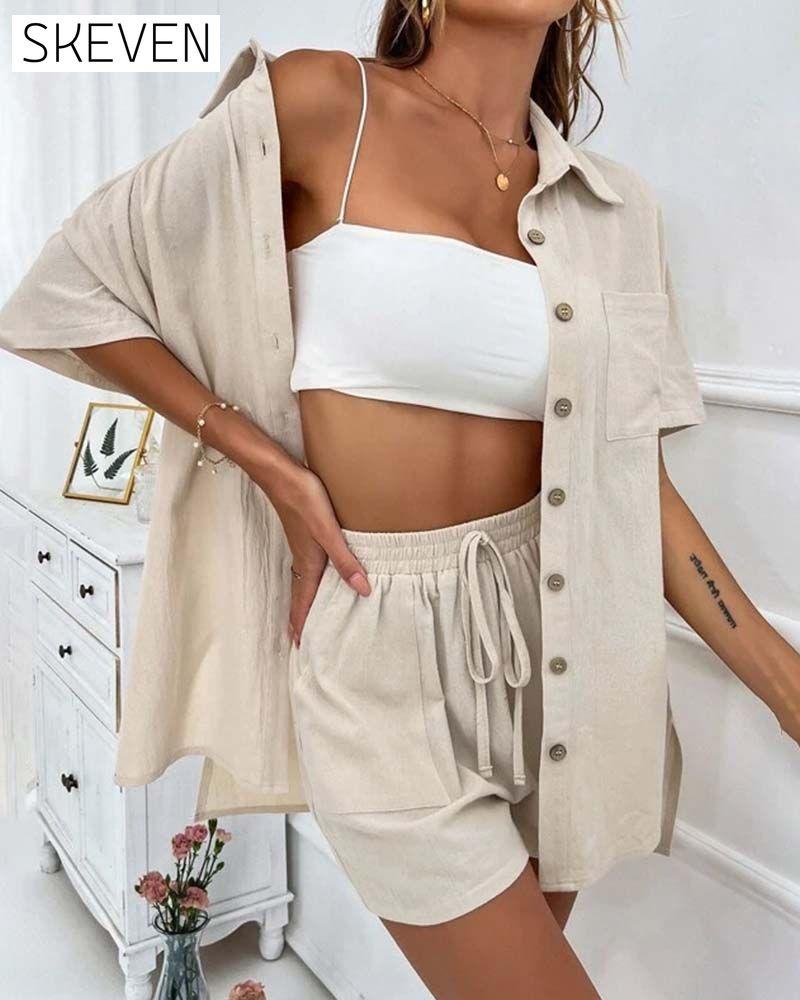 Lässiges einfarbiges Hemd- und Shorts-Set