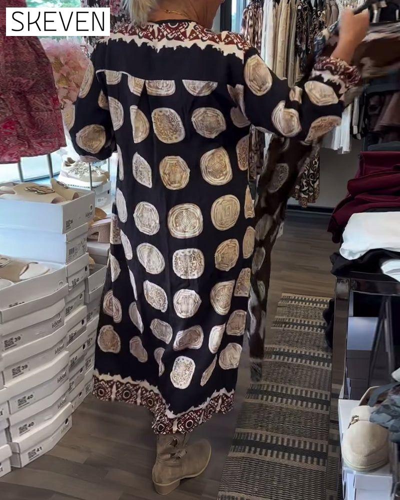 Long-Sleeved V-Neck Printed Dress
