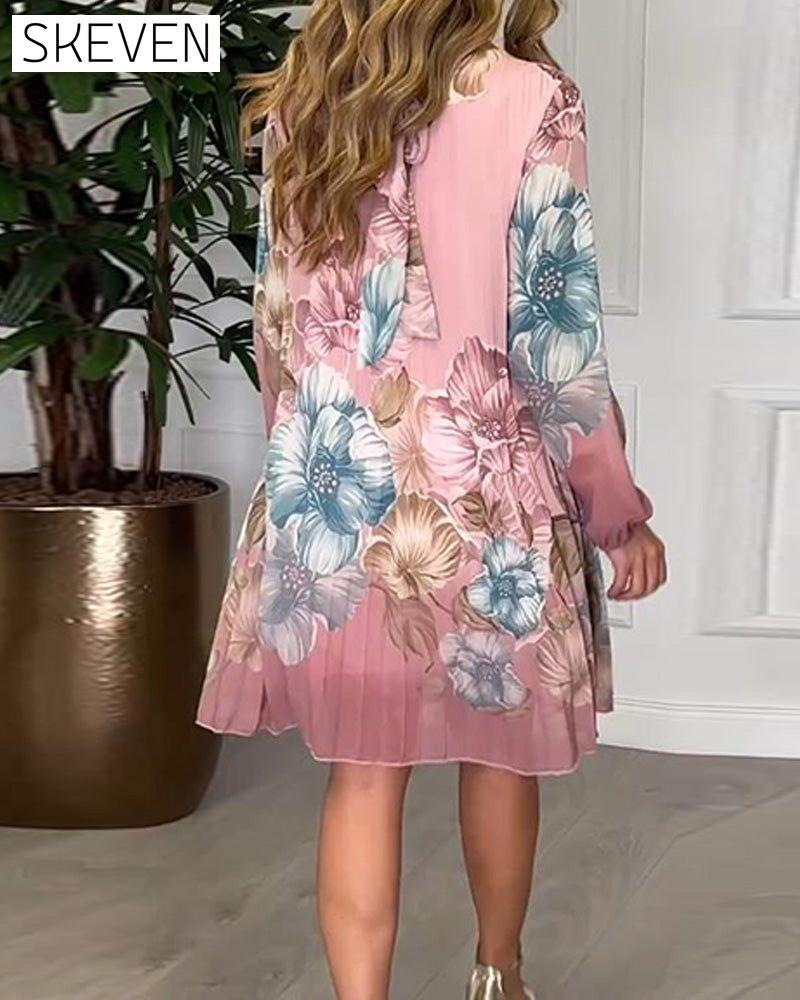 Elegant Floral Pleated  Dress