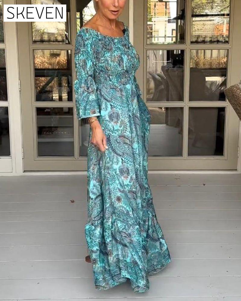 Elegant printed one-shoulder flare sleeve long dress