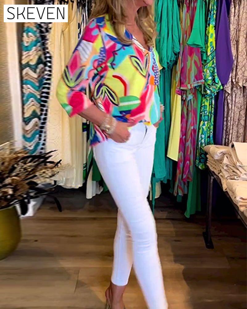 Long Sleeve Loose Printed Blouse