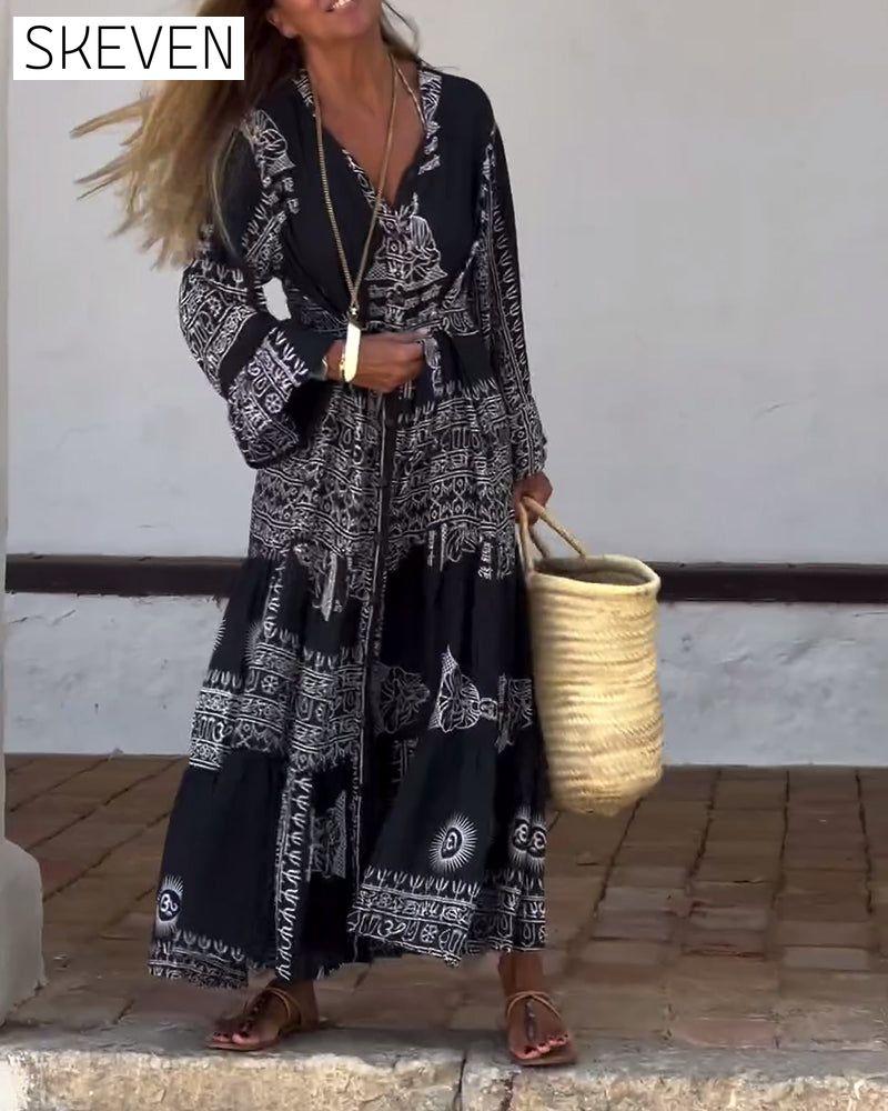 Retro contrast print long sleeve casual dress casual dresses spring summer vacation dresses