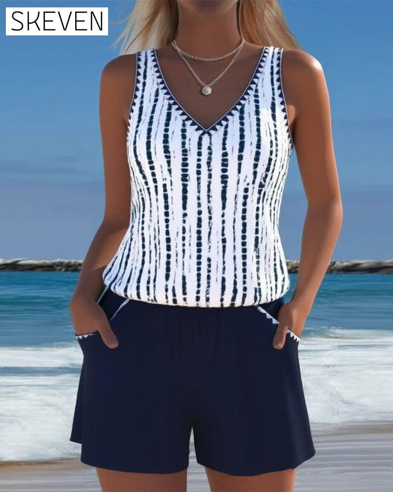 Casual Pocket V-Neck Printed Two-Piece Swimsuit
