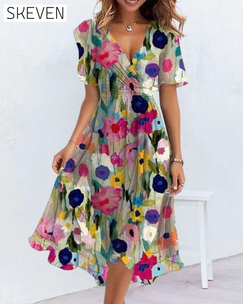 robe imprimée colorée à col en V