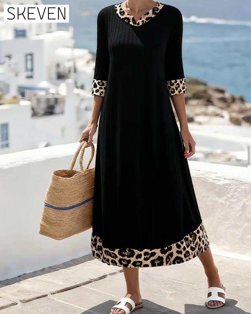 Elegantes Maxikleid mit Leopardenmuster und Patchwork-Optik