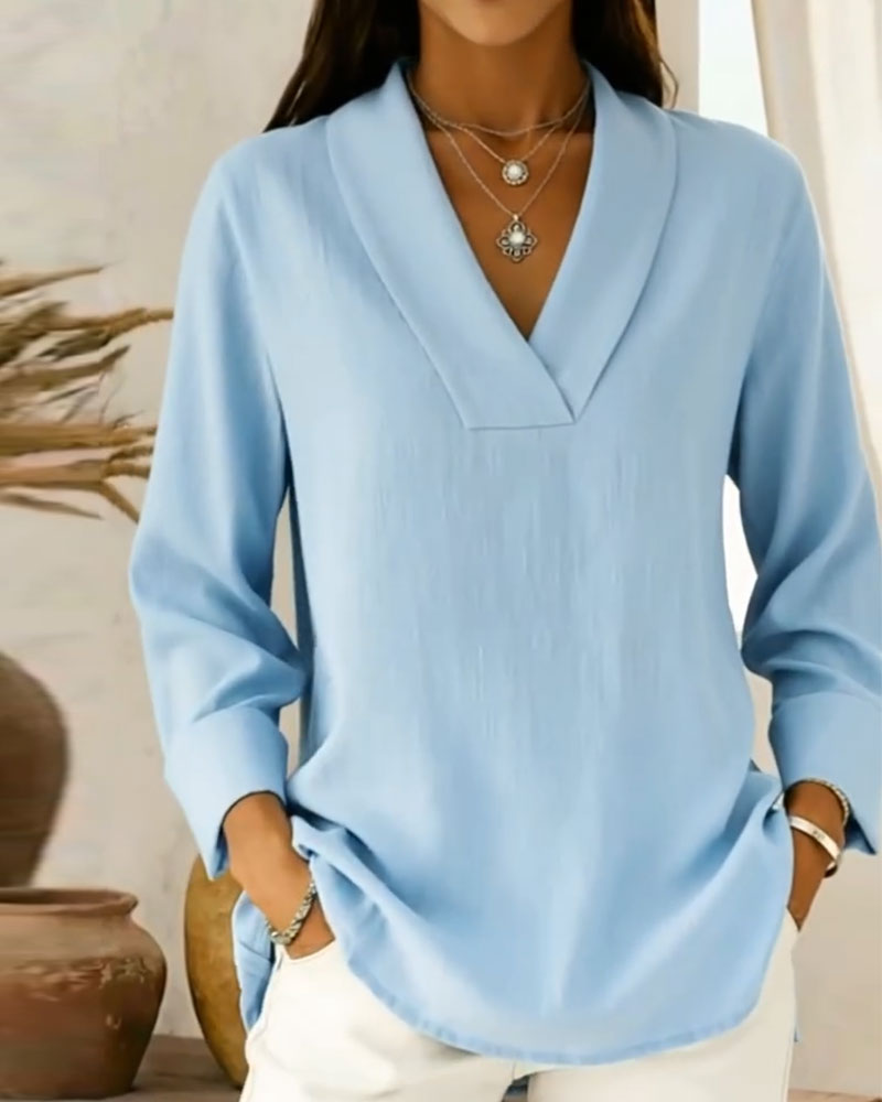Simple V-Neck Long Sleeve Top