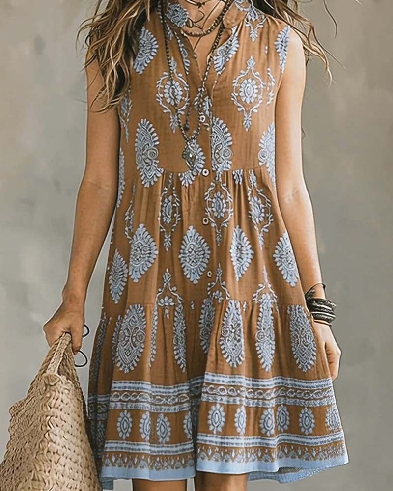 Boho Pattern Sleeveless Short Stand Collar Dress