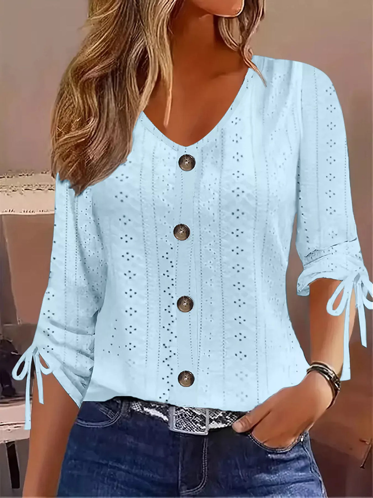 Eyelet Tie-Sleeve Detail Top