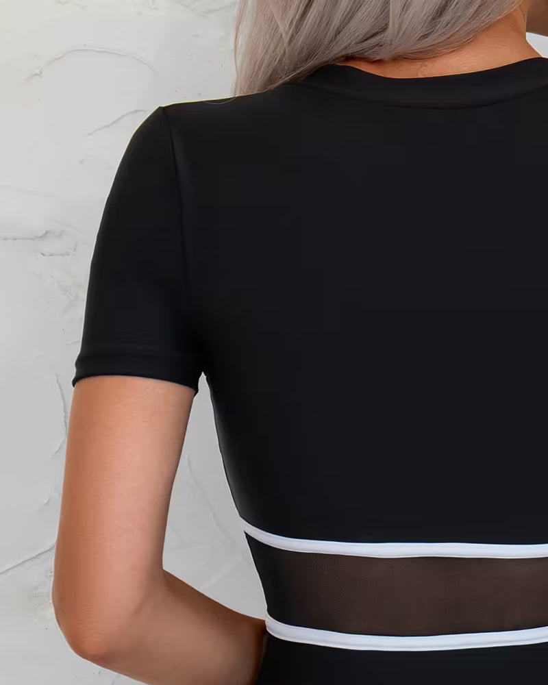Color Block Zipper Short-Sleeve One-Piece
