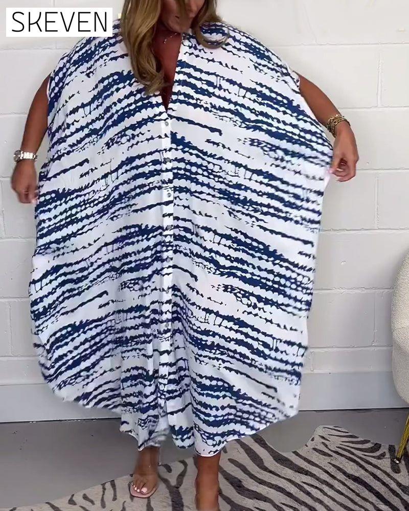 Printed V-neck buttoned loose long dress spring summer