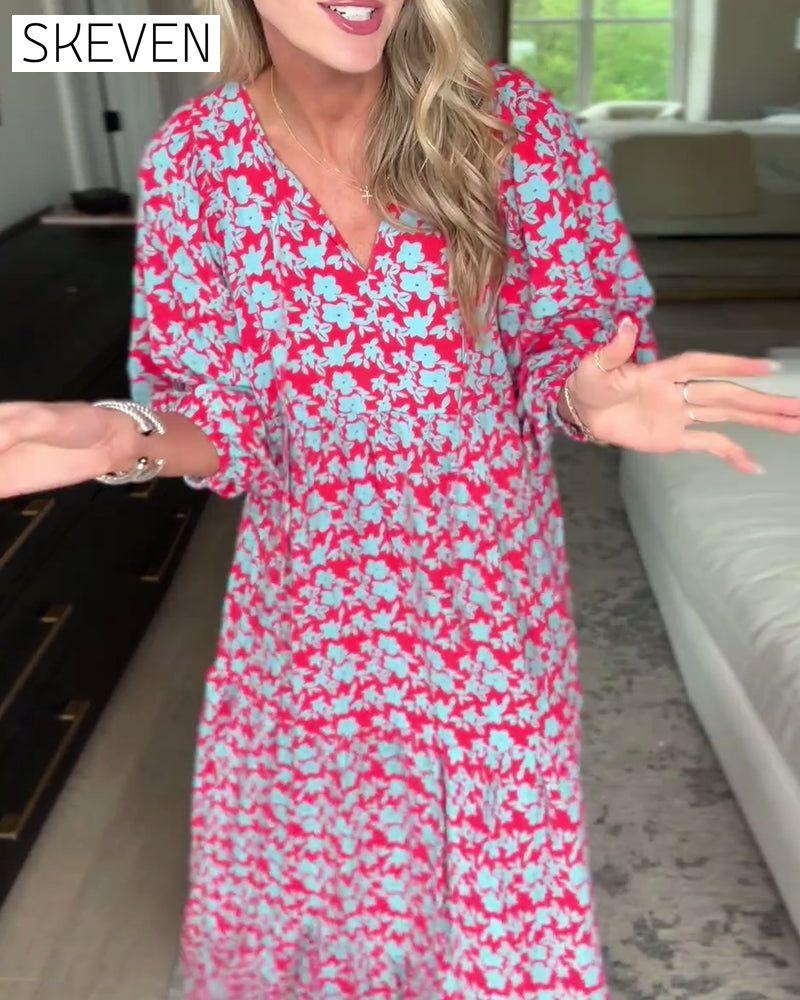 robe longue fleurie à col V et manches lanternes