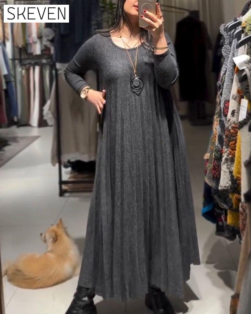 Round Neck Pleated Loose Long Dress