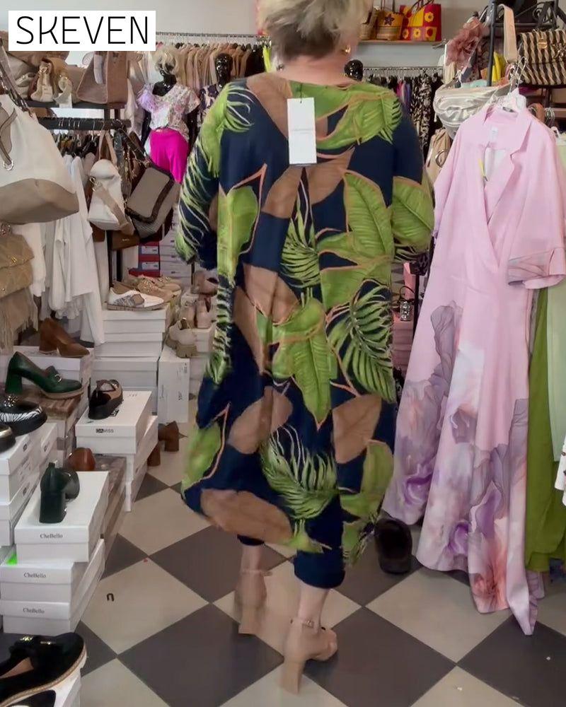 Robe ample à col en V et imprimé feuilles