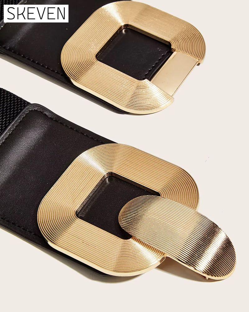 Ceinture vintage en cuir élastique avec boucle dorée pour femme