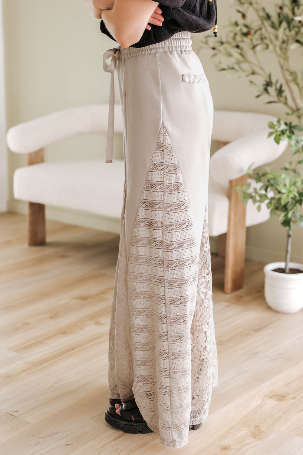Blue Zone Planet |  Smoke Gray Boho Lace Patchwork Wide Leg High Waist Pants