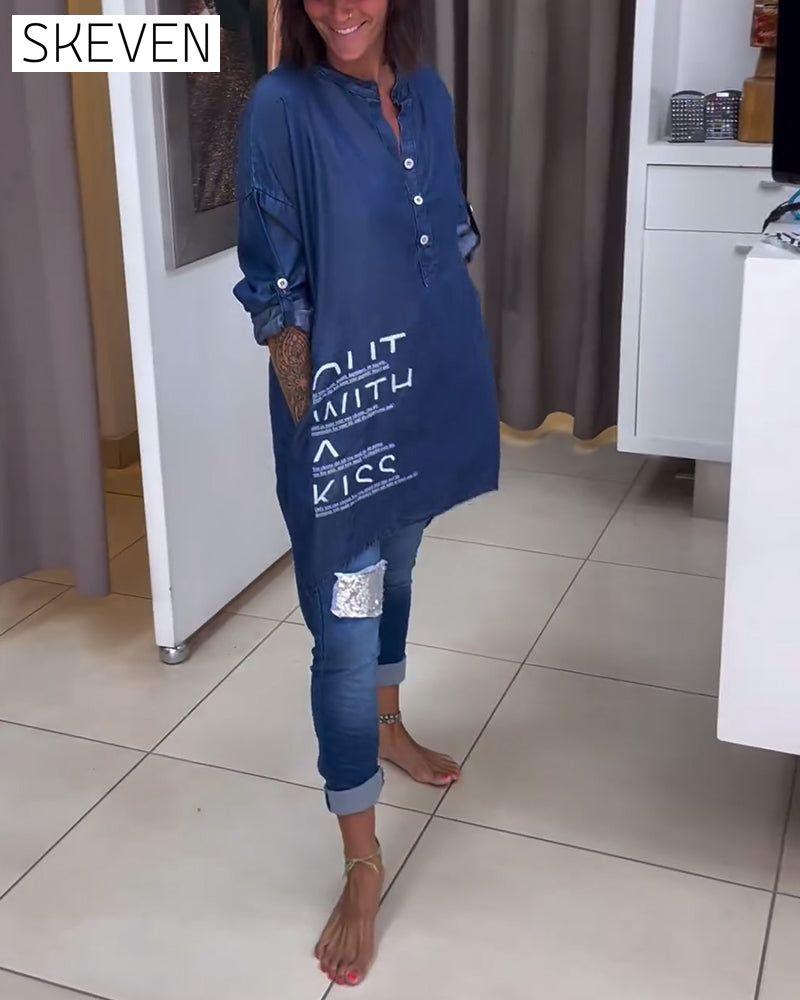 Letter print irregular button top