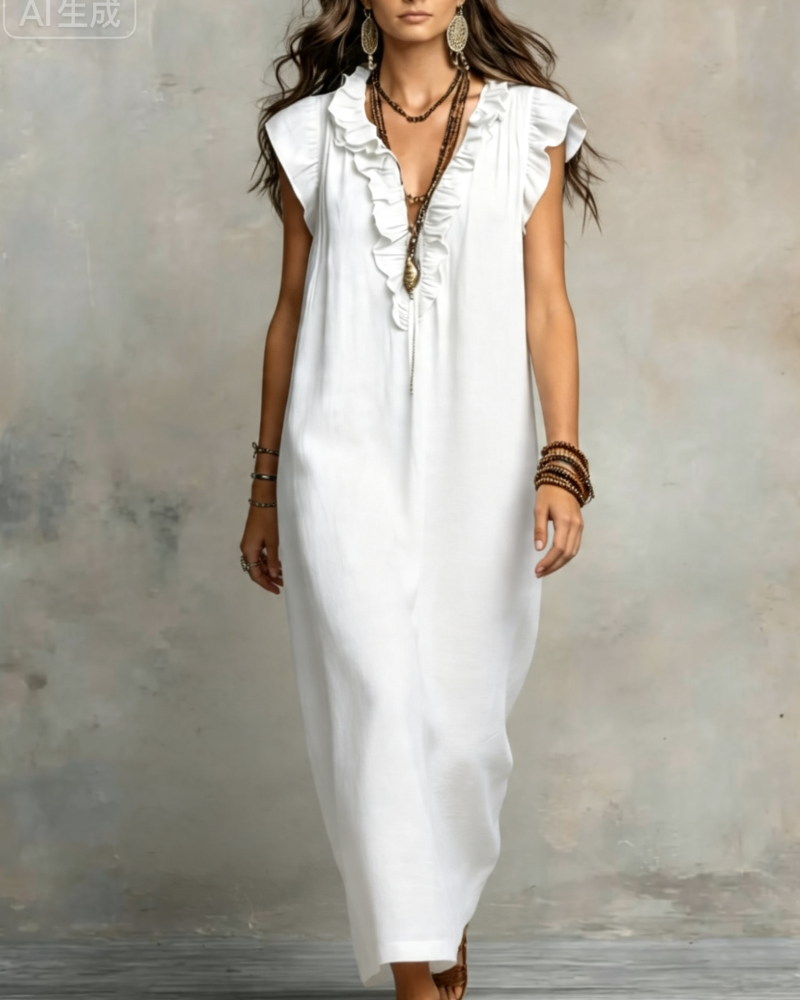 V-Neck Ruffled Sleeveless Long Dress