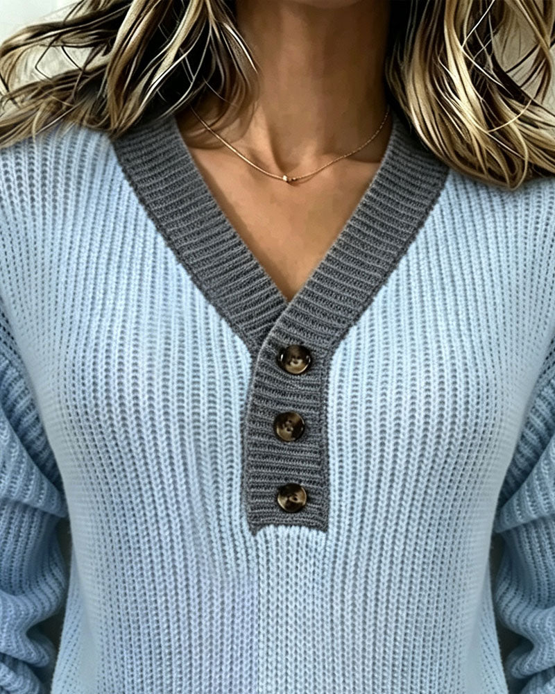V-Neck Color Block Button Pullover