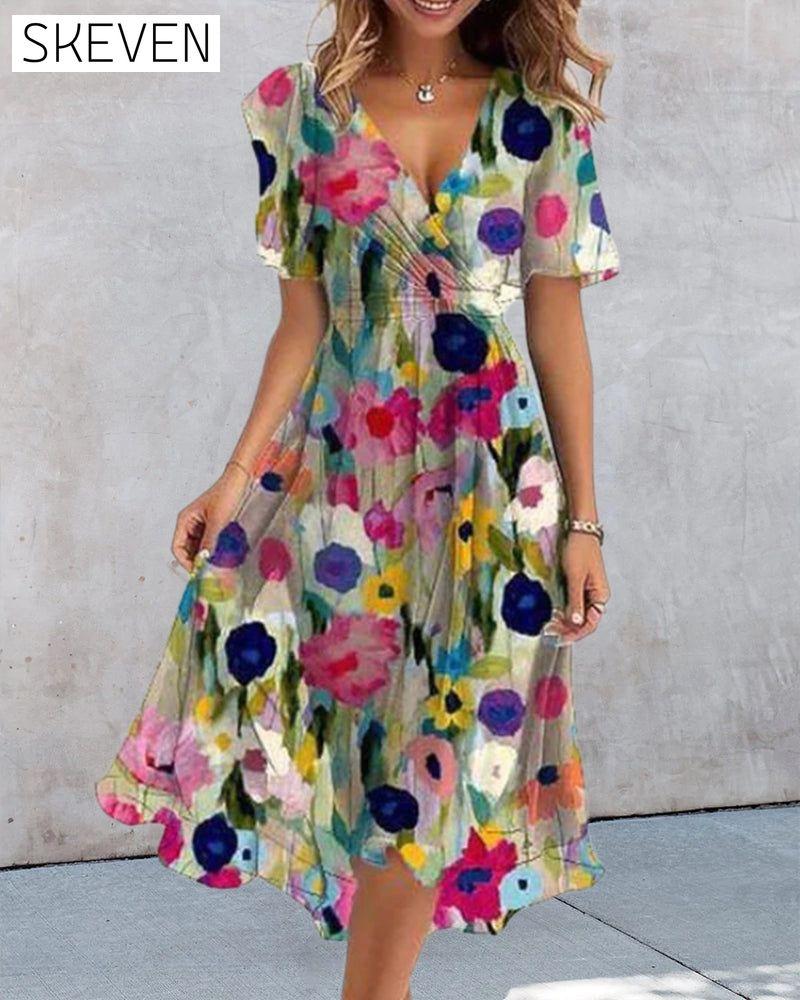 robe imprimée colorée à col en V