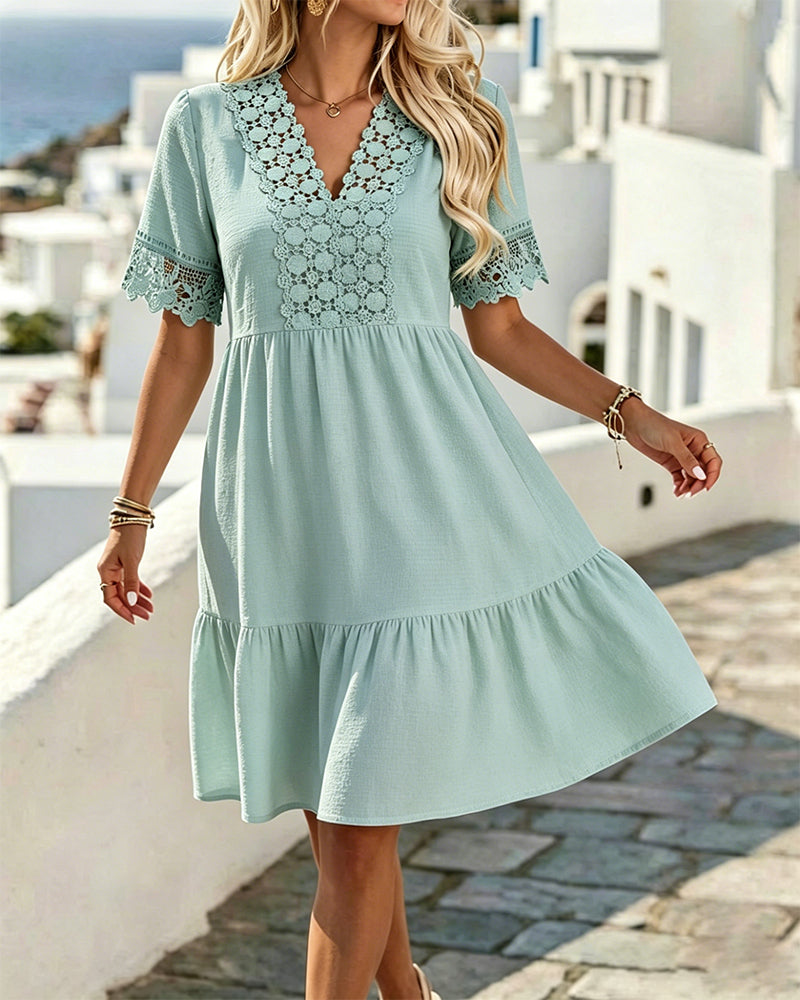 V-Neck Lace Panel A-Line Dress