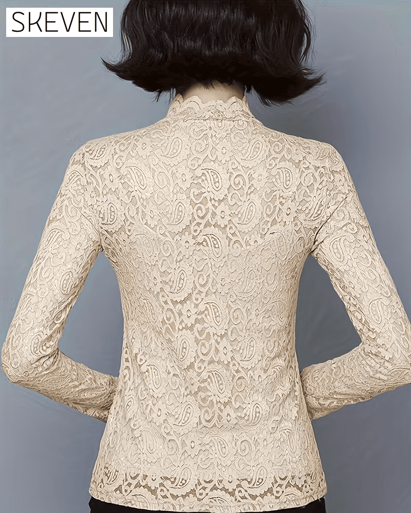 Elegant Solid Half Neckline Long Sleeve Lace Top