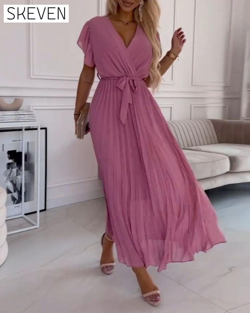 Solid color ruffled sleeves V-neck elegant dress casual dresses summer