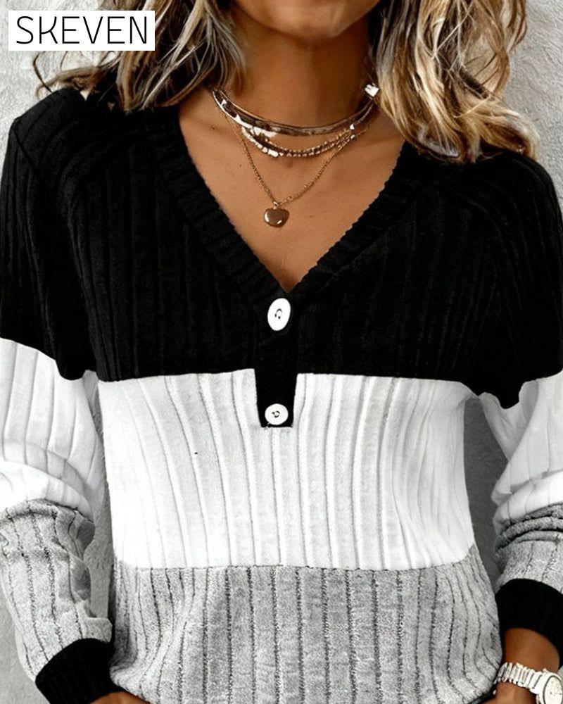 V-Neck Striped Color-Blocked Top