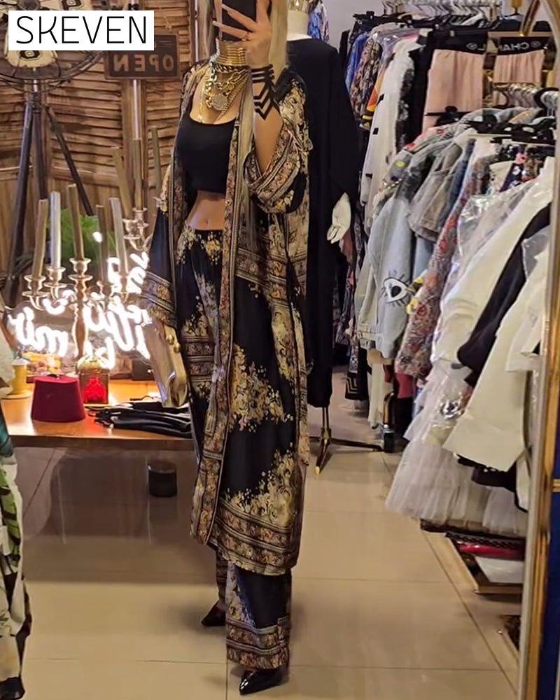 Vintage print coat and pants two-piece set spring summer two-piece sets