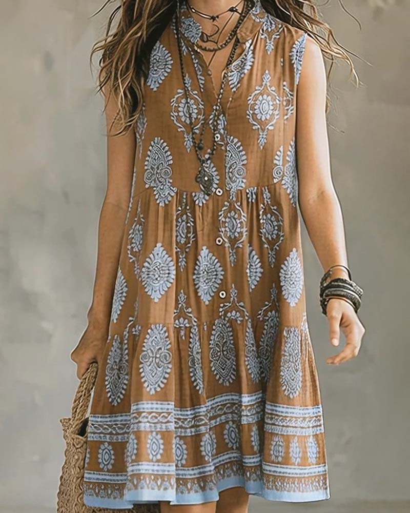 Boho Pattern Sleeveless Short Stand Collar Dress