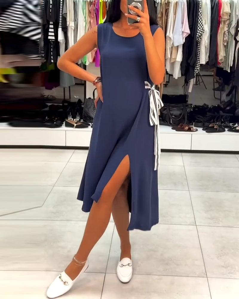 Irregular Solid Color Slit Sleeveless Dress