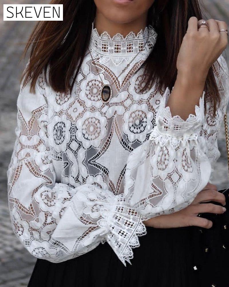 Sexy See-Through Long-Sleeved Stand-Collar Lace Blouse
