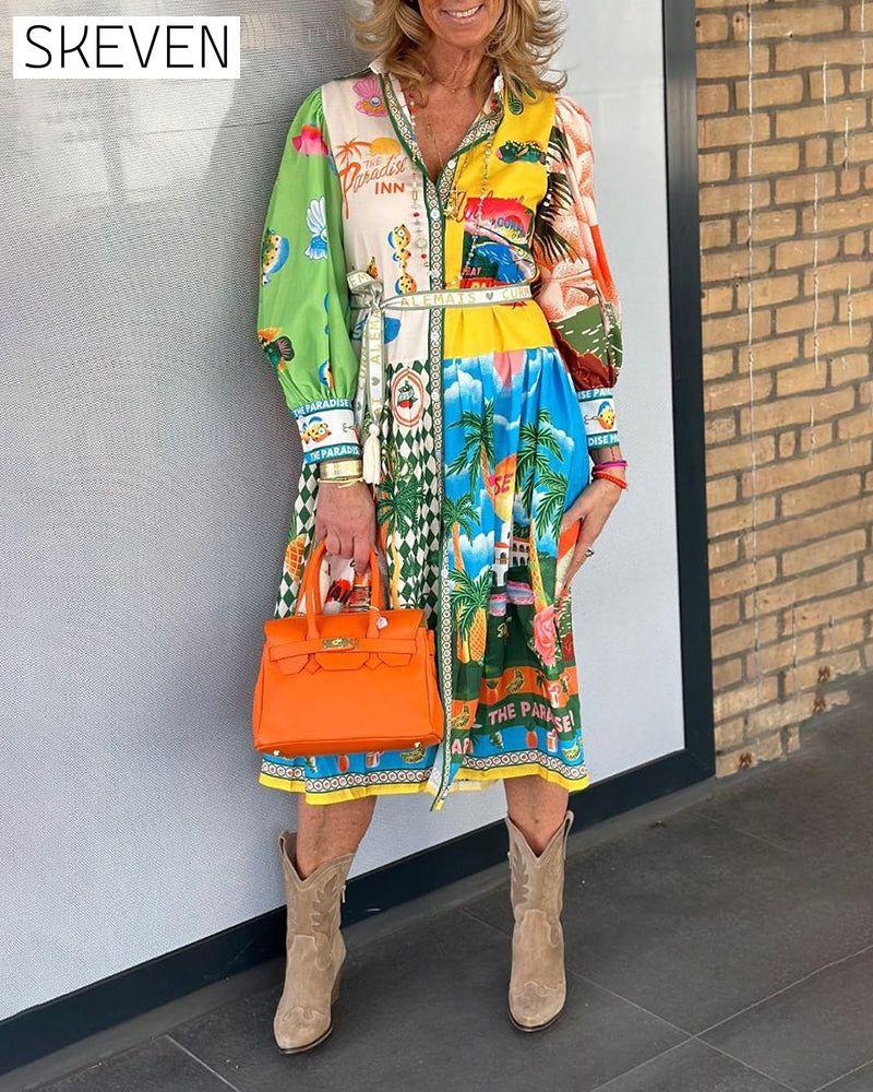 robe à manches longues imprimée colorée à revers