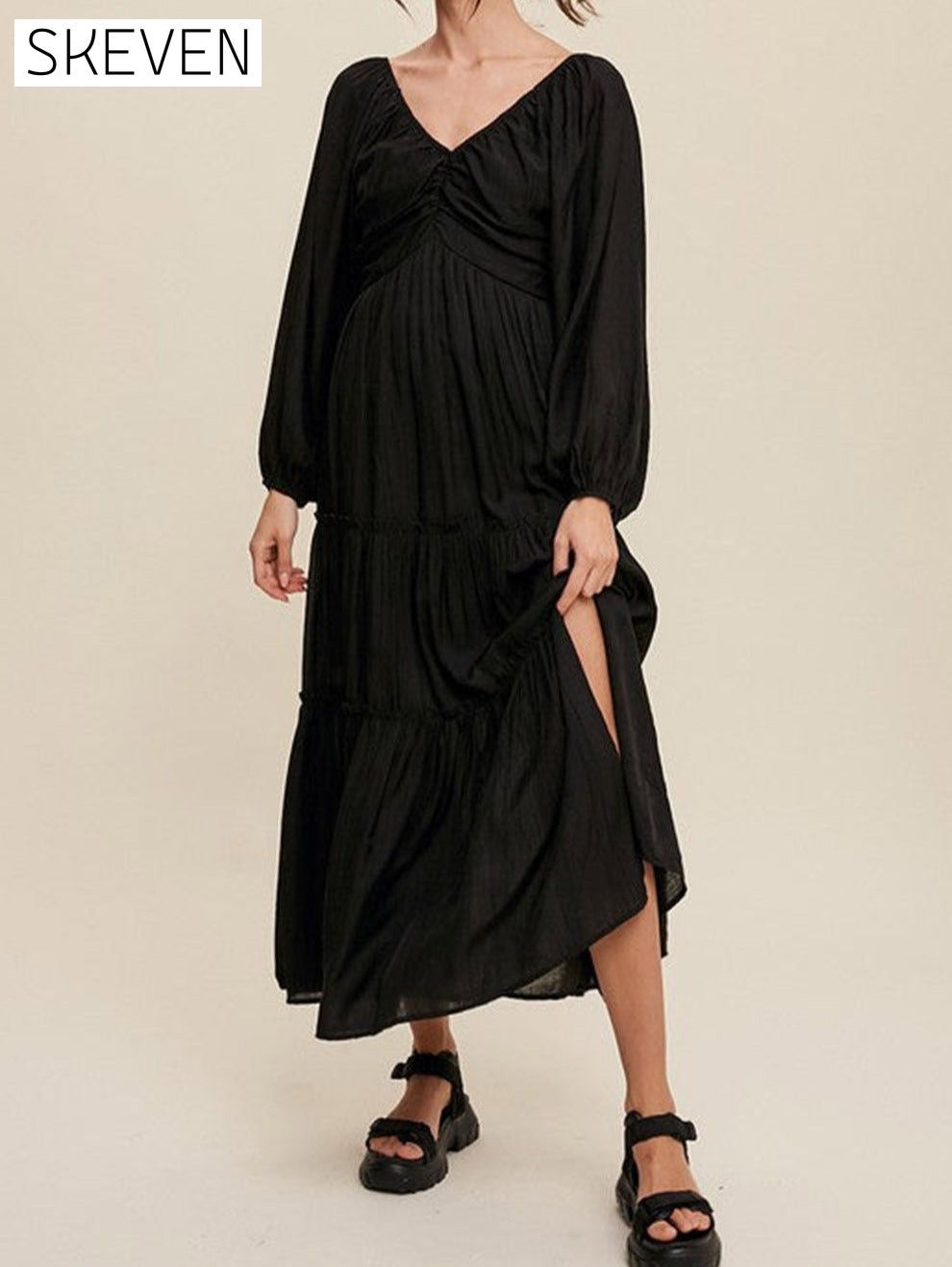 Black V Neck Bowknot Cutout Frill Tiered Maxi Dress All In Stock clothes dress dresses EDM Monthly Recomend Fabric Sheer long sleeve dress long sleeve dresses maxi dress maxi dresses Occasion Daily Print Solid Color Season Spring Silhouette A-Line Style Southern Belle